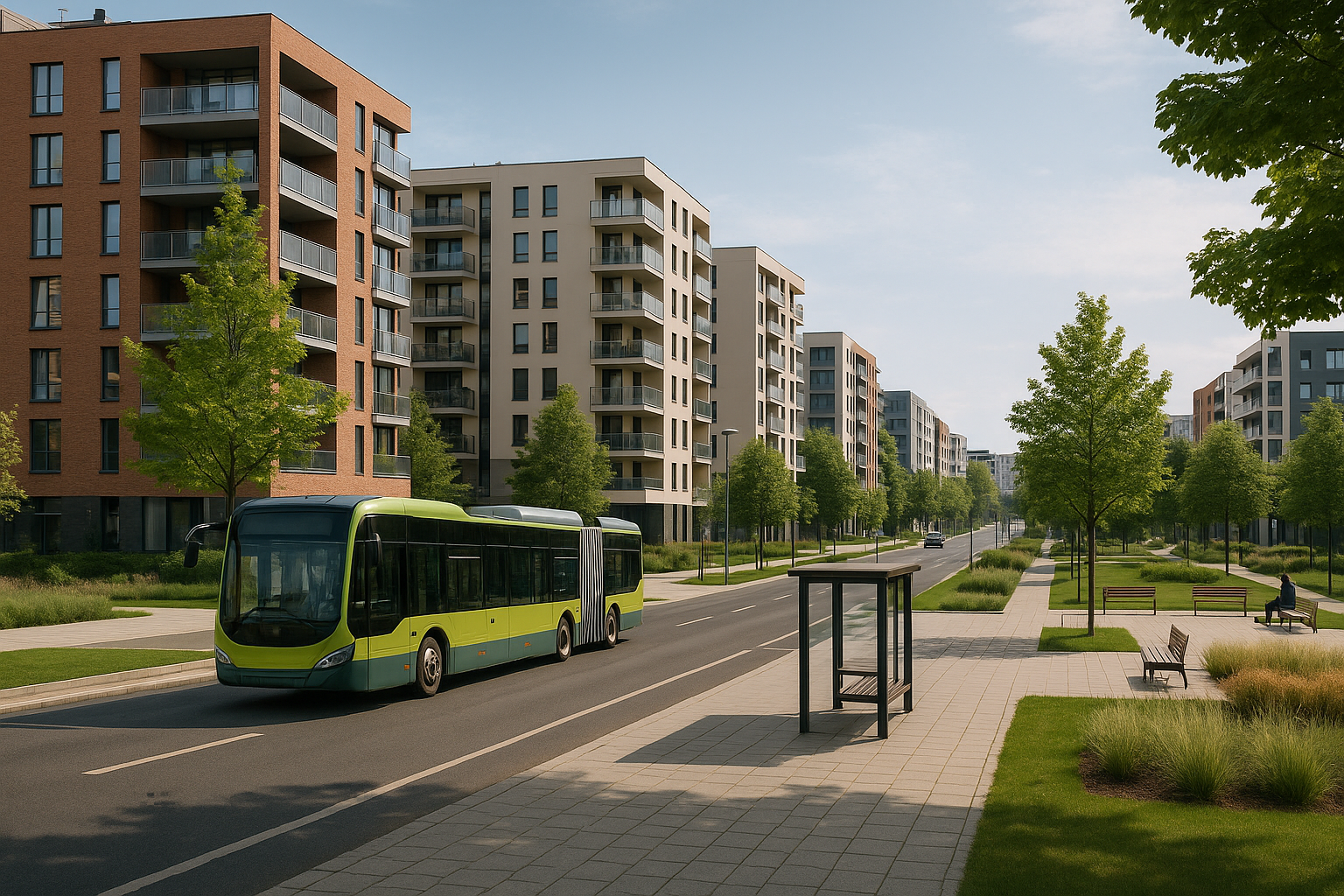 Quartiere periferico in riqualificazione con spazi pubblici, verde e collegamenti di trasporto