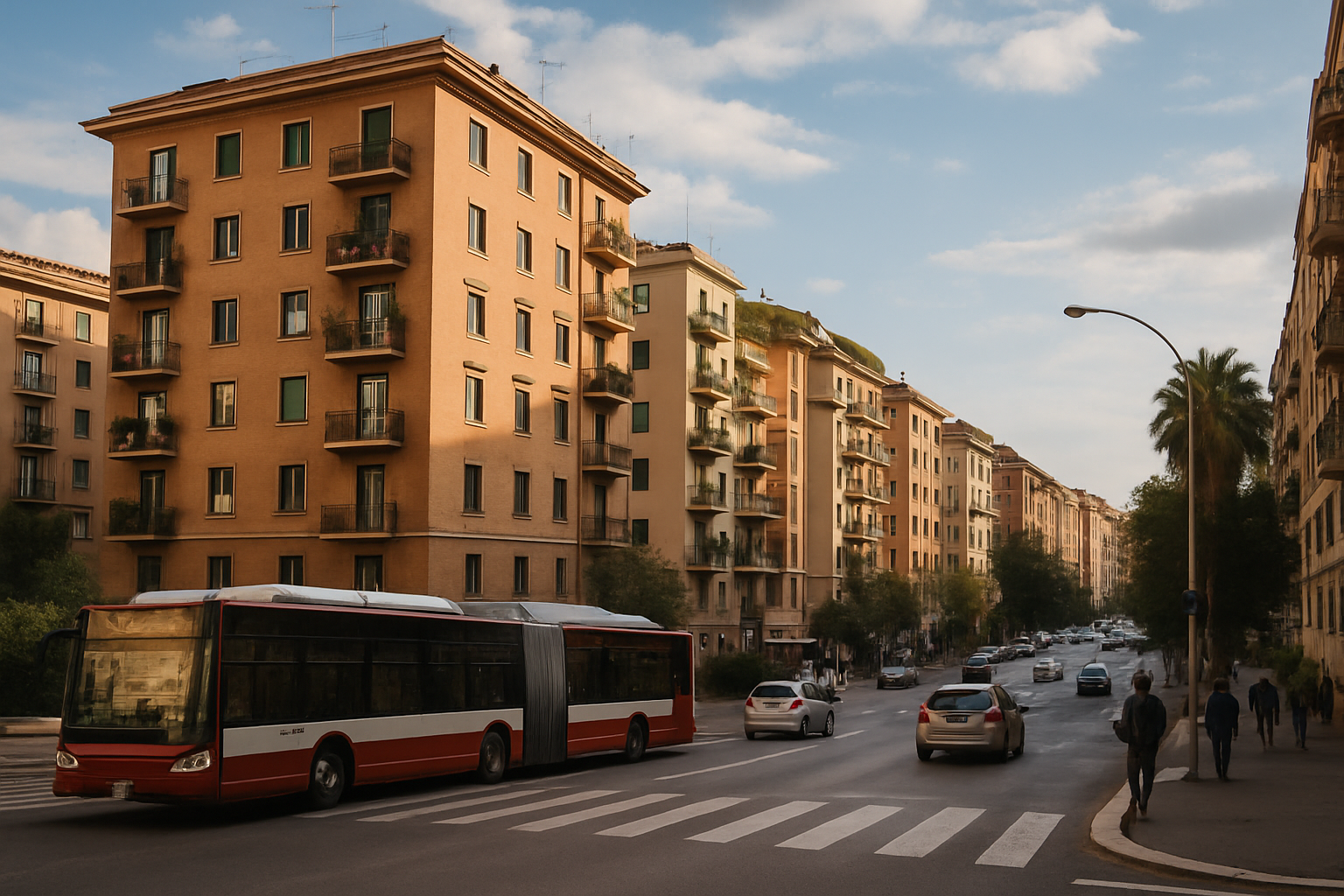 Panorama urbano di Roma con edifici residenziali e trasporti pubblici