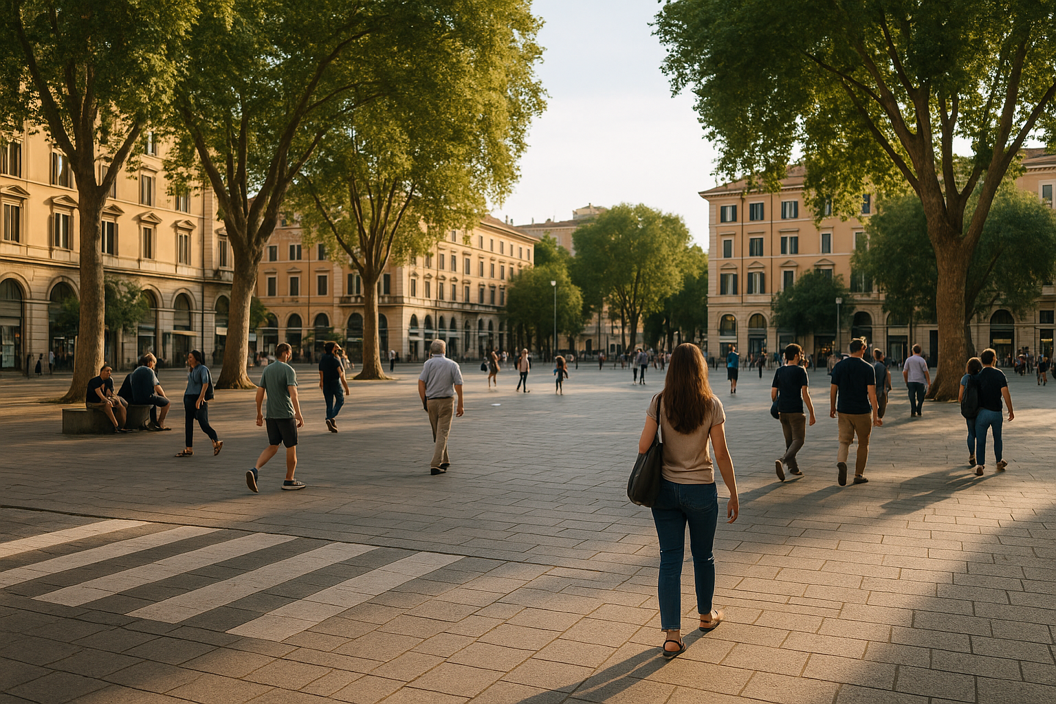 Piazza urbana con pedoni, alberi d’ombra e attraversamenti pedonali visibili nella Capitale