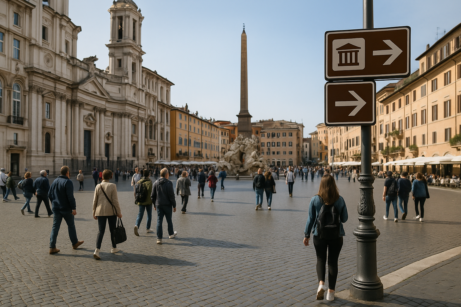 Visitatori e residenti in una piazza storica durante una mattina, con percorsi pedonali e segnaletica urbana