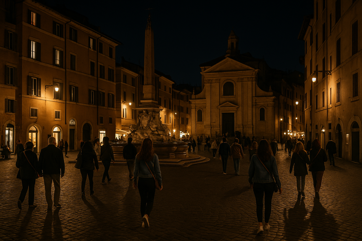 Piazza di Roma di notte con luci calde e persone che passeggiano