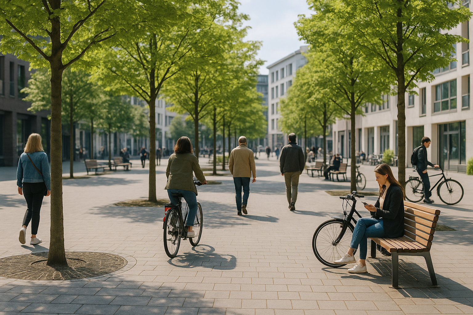 Piazza urbana con alberi, panchine e percorsi pedonali e ciclabili che mostrano uno spazio pubblico curato e sostenibile