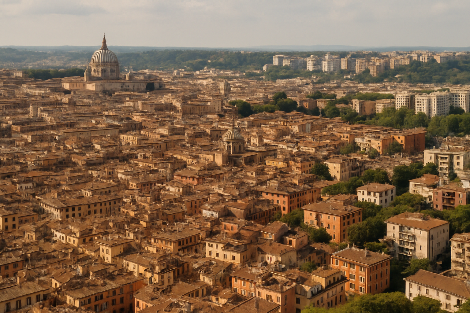 Veduta urbana di Roma che mostra differenze tra centro, semicentro e periferie