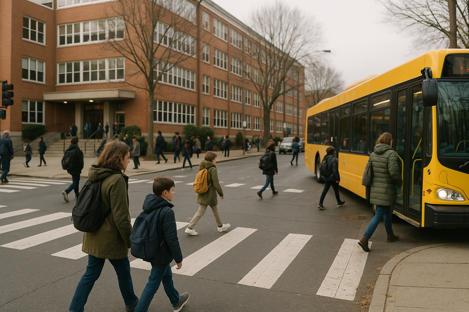 Traffico mattutino vicino a una scuola con studenti a piedi e autobus in fermata