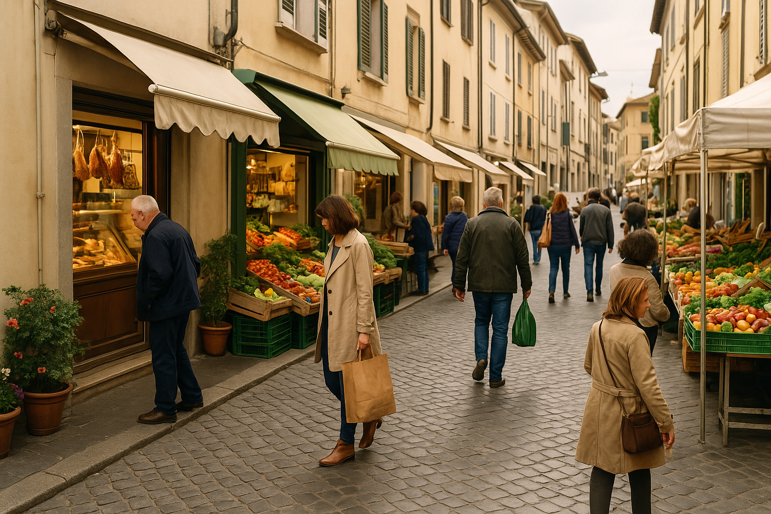 Strada di quartiere con negozi di vicinato e persone che fanno acquisti a piedi