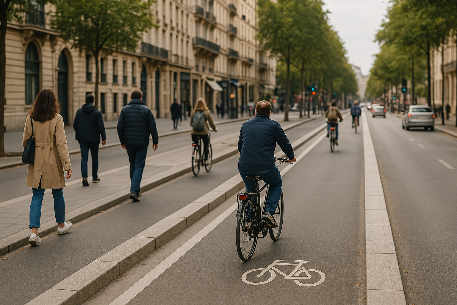Strada cittadina con corsia ciclabile protetta e marciapiedi ampi con pedoni e ciclisti