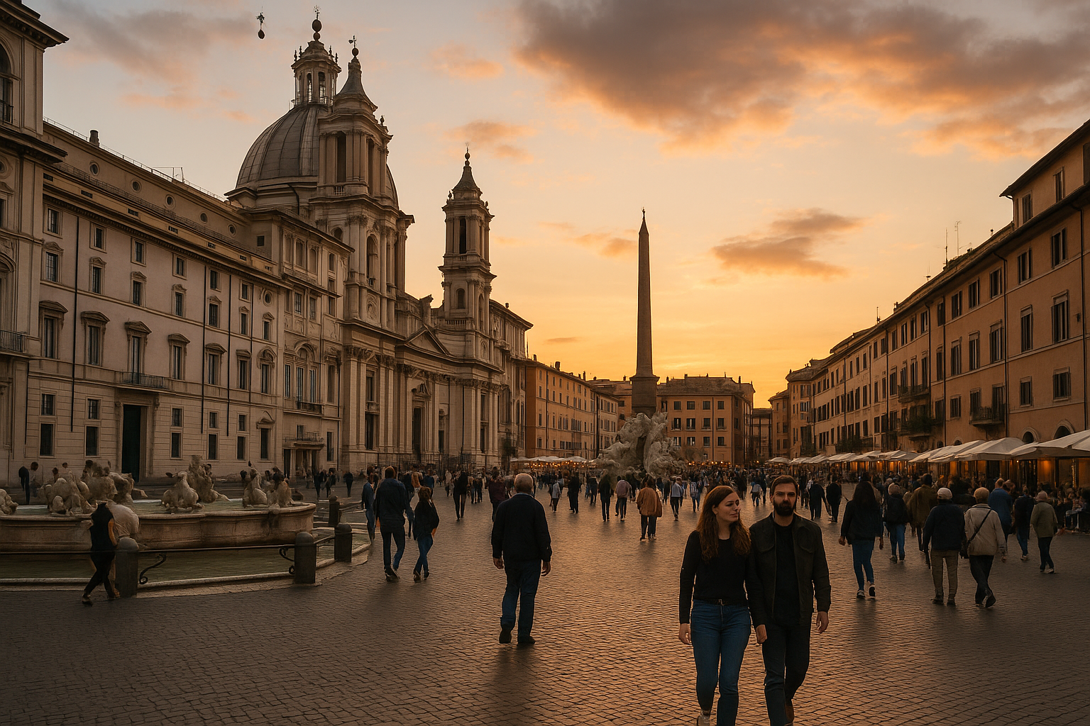 Piazza di Roma al tramonto con passanti e palazzi storici