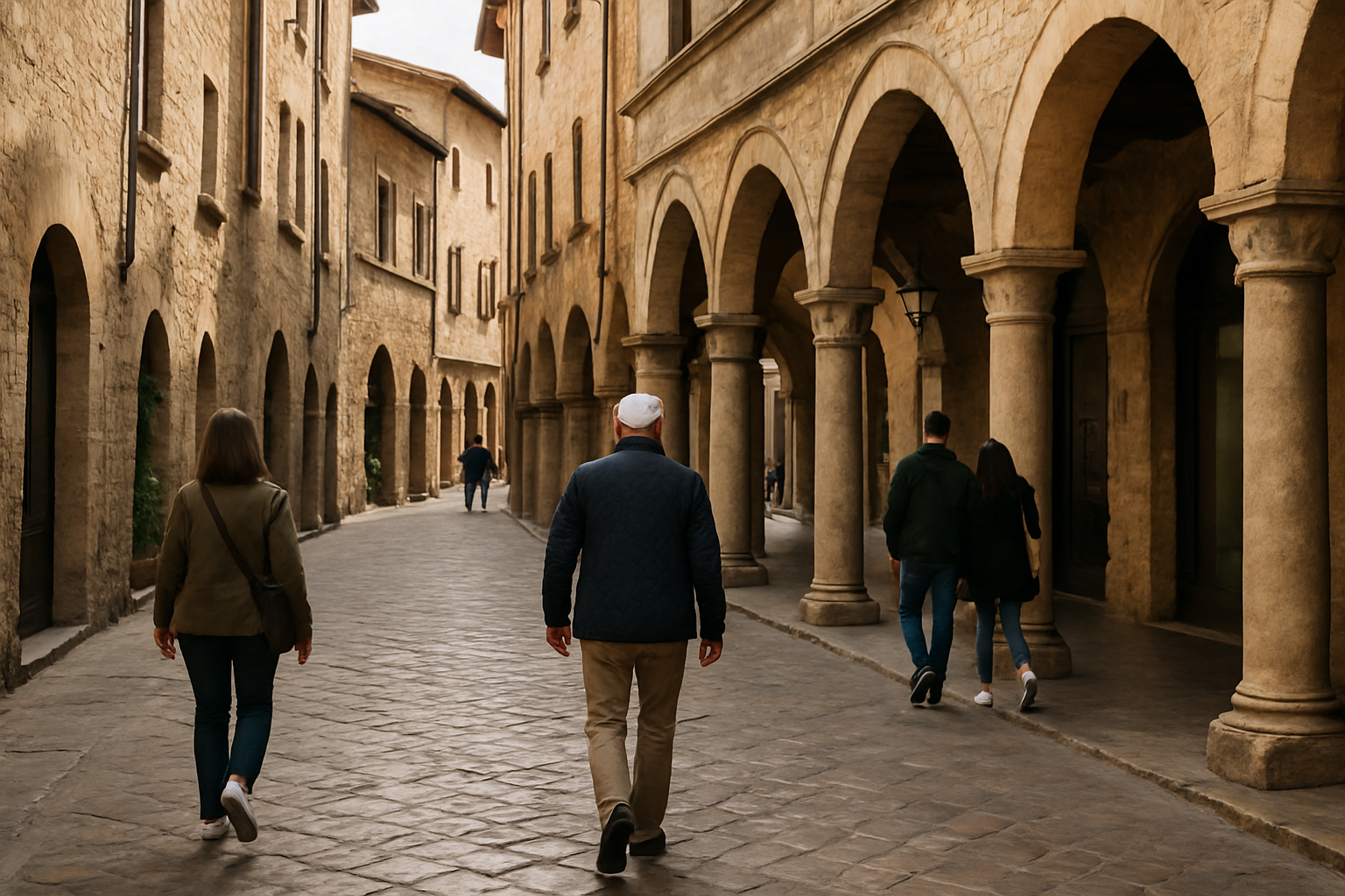 Via di centro storico con edifici antichi, portici e passanti durante il giorno