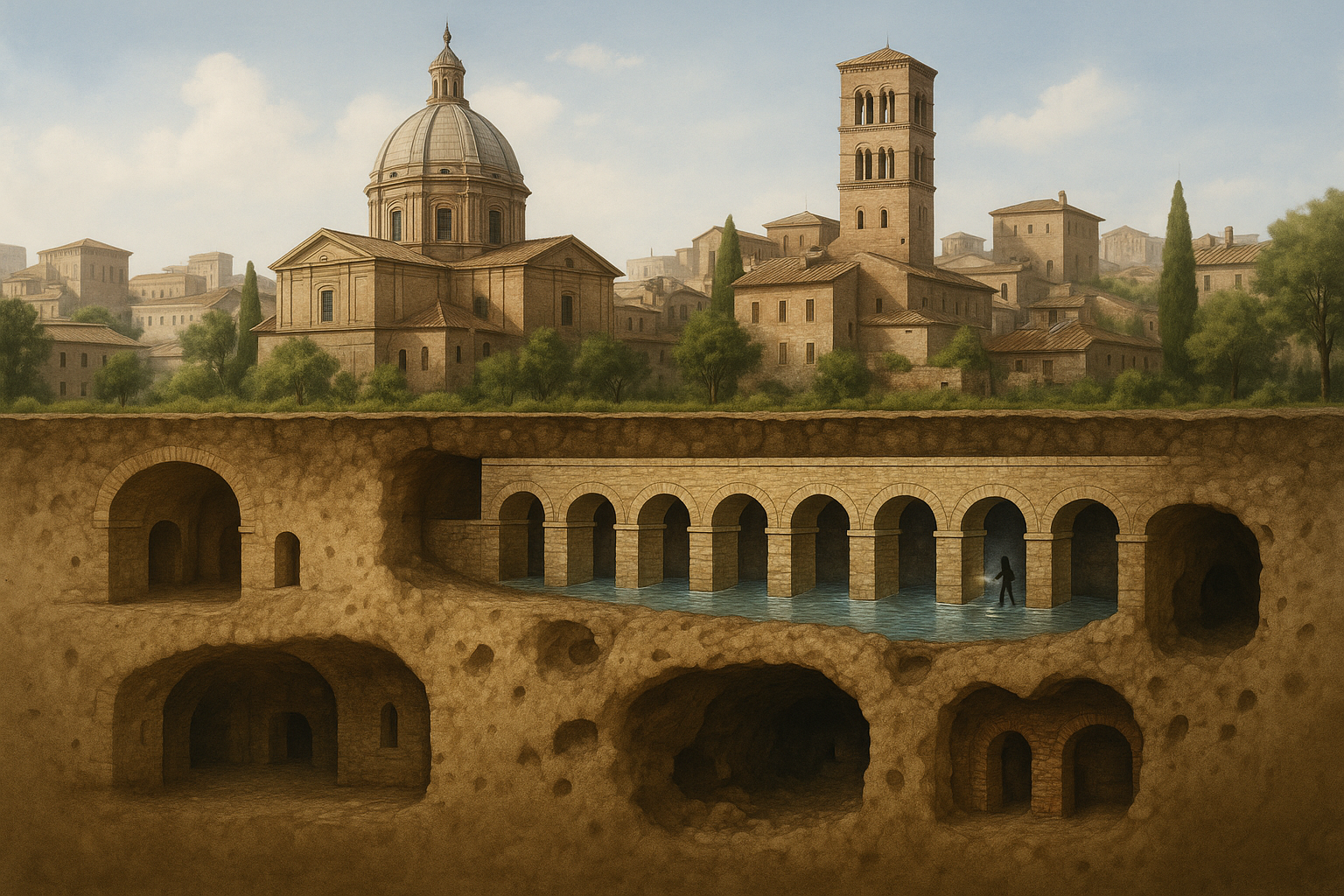 Rappresentazione dei livelli sotterranei di Roma con gallerie, acquedotti e cavità nel tufo