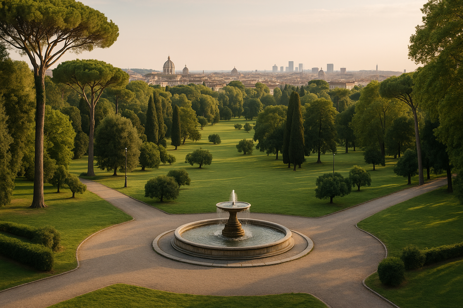 Parco storico urbano con viali alberati e fontana, skyline della città sullo sfondo