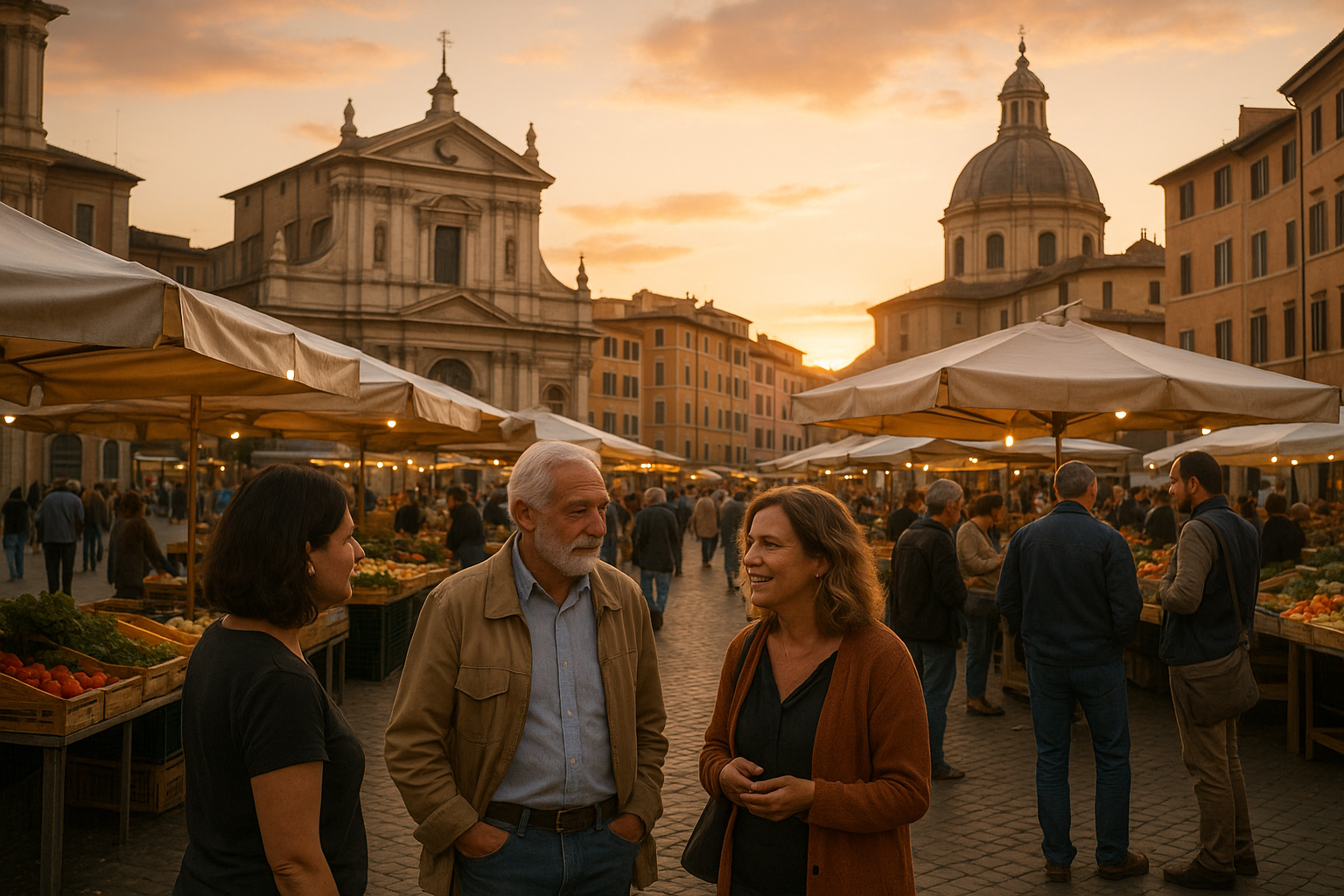 Piazza romana con mercato rionale e persone che socializzano al tramonto