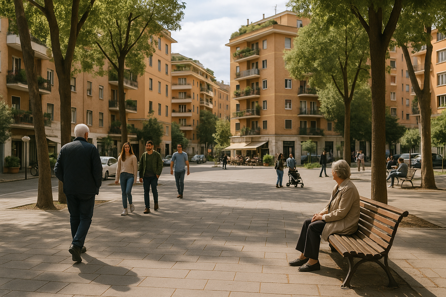 Persone in una piazza di quartiere a Roma tra servizi e spazi di incontro