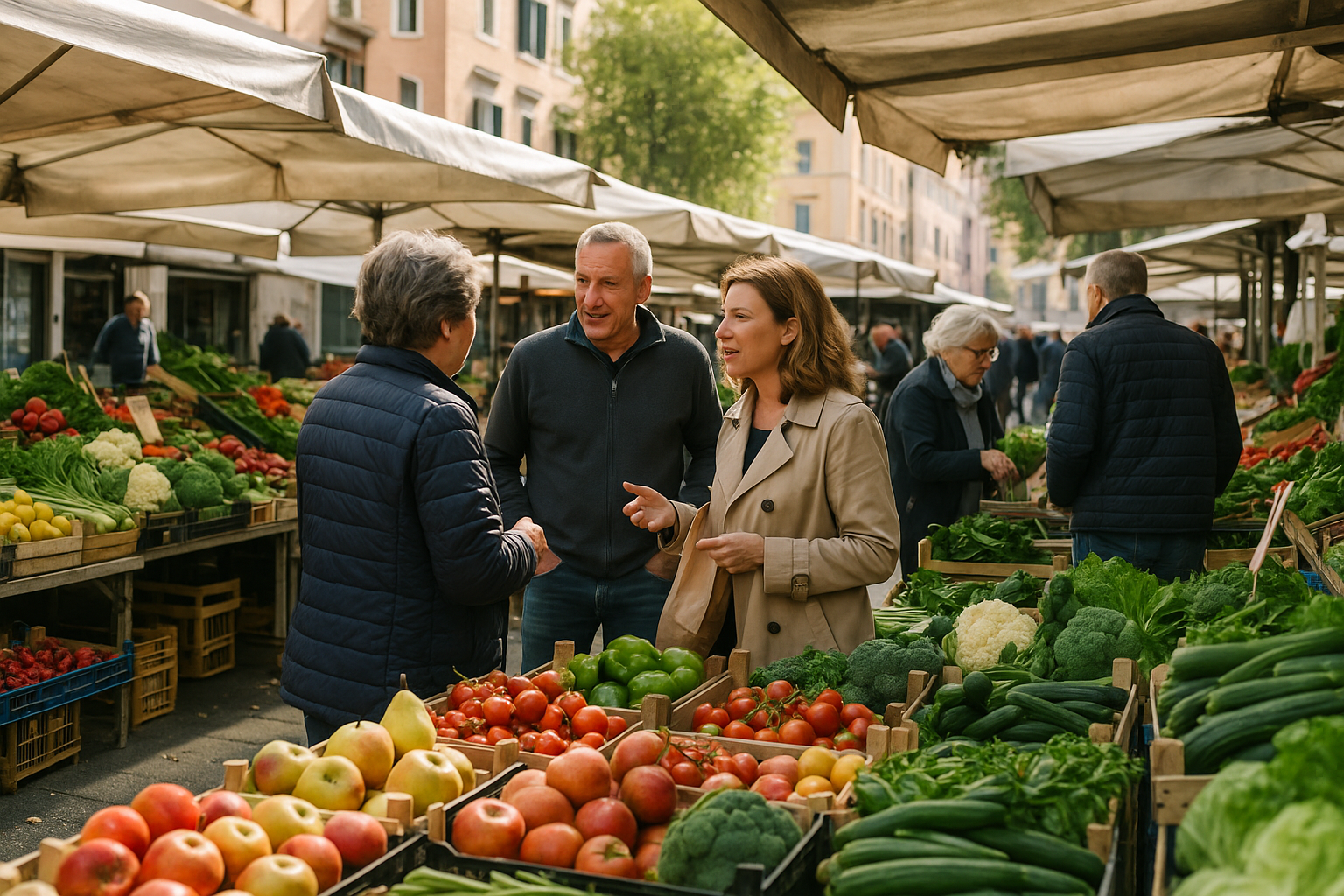 Banchi di un mercato rionale con frutta e verdura e persone che fanno la spesa e chiacchierano