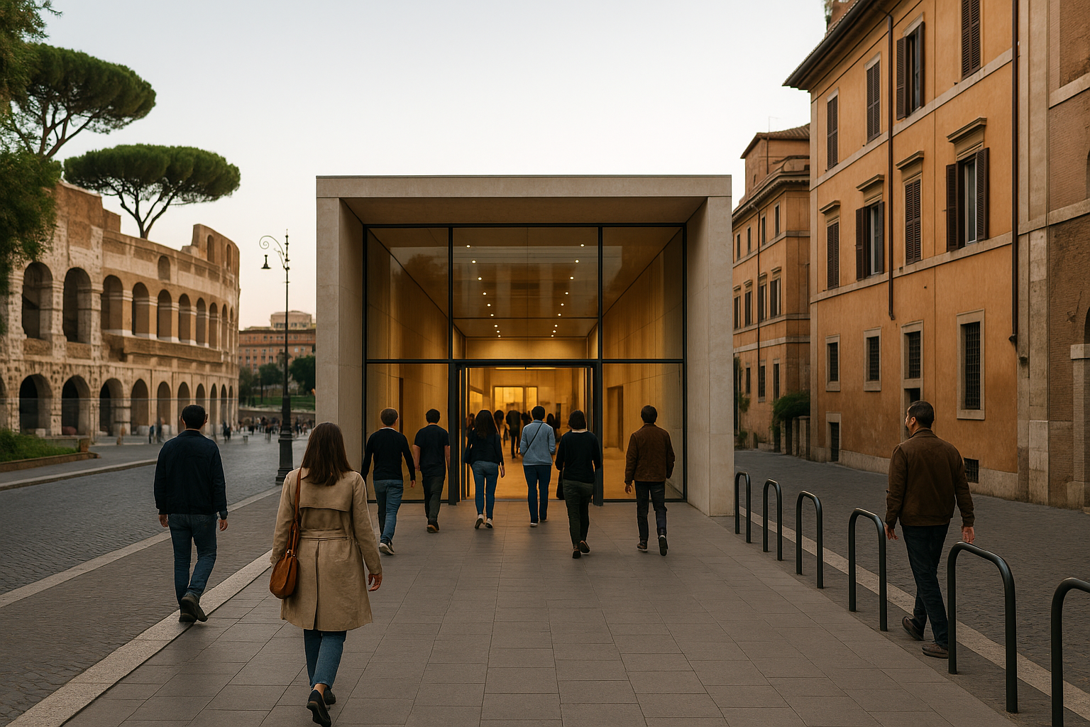 Ingresso di uno spazio culturale a Roma che unisce architettura storica e interventi contemporanei