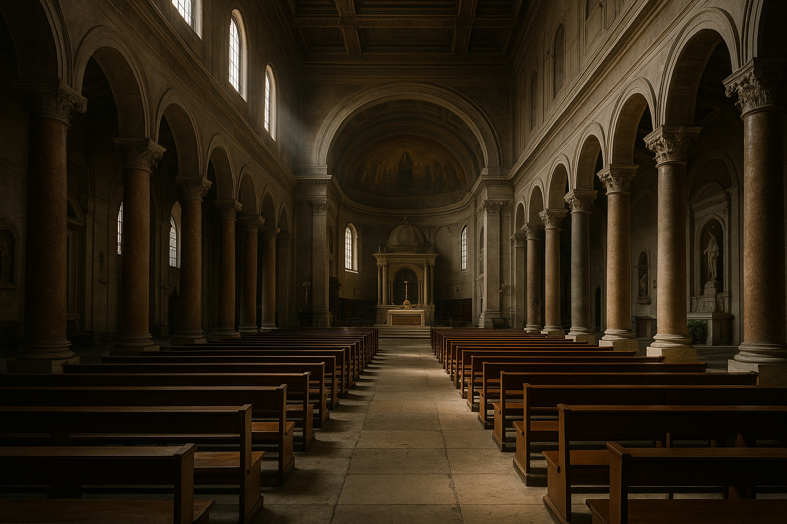 Navata silenziosa di una chiesa storica a Roma illuminata da luce naturale