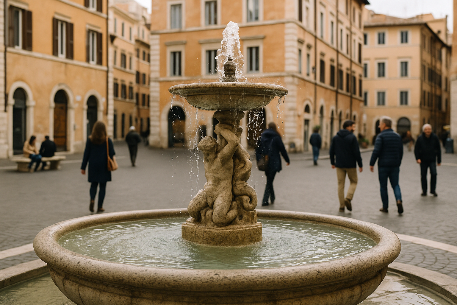 Fontana in una piazza urbana italiana con acqua in movimento e passanti sullo sfondo