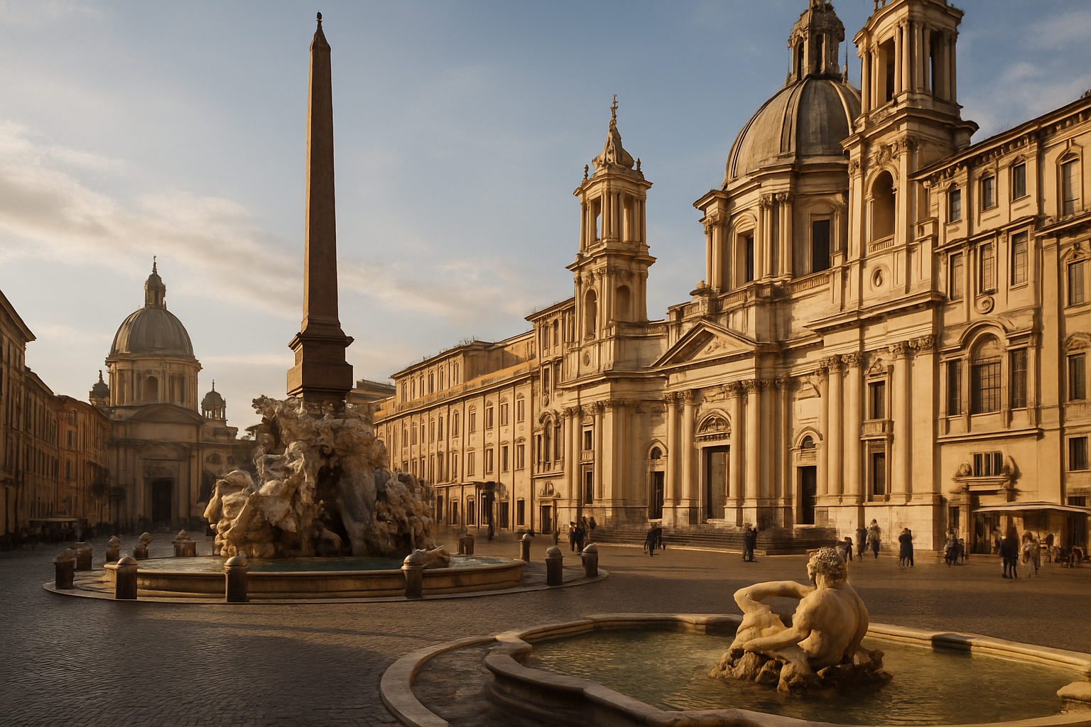Veduta di una piazza in stile barocco a Roma con fontana centrale e cupole sullo sfondo