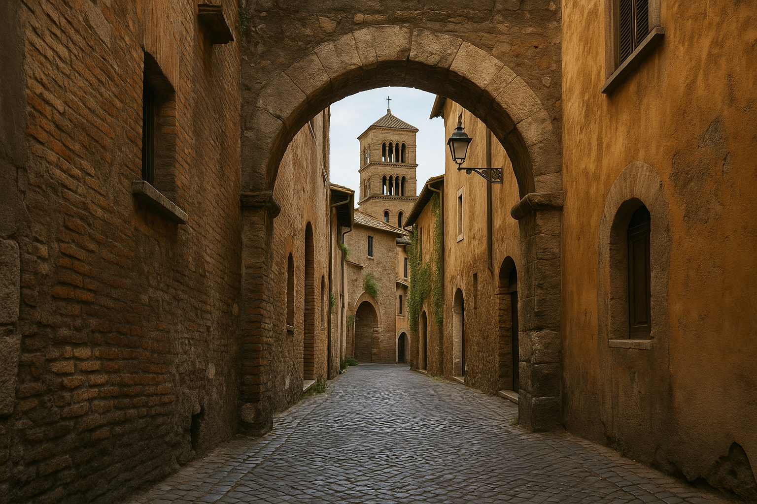 Vicolo del centro di Roma con murature antiche e scorcio di campanile, tracce di architettura medievale