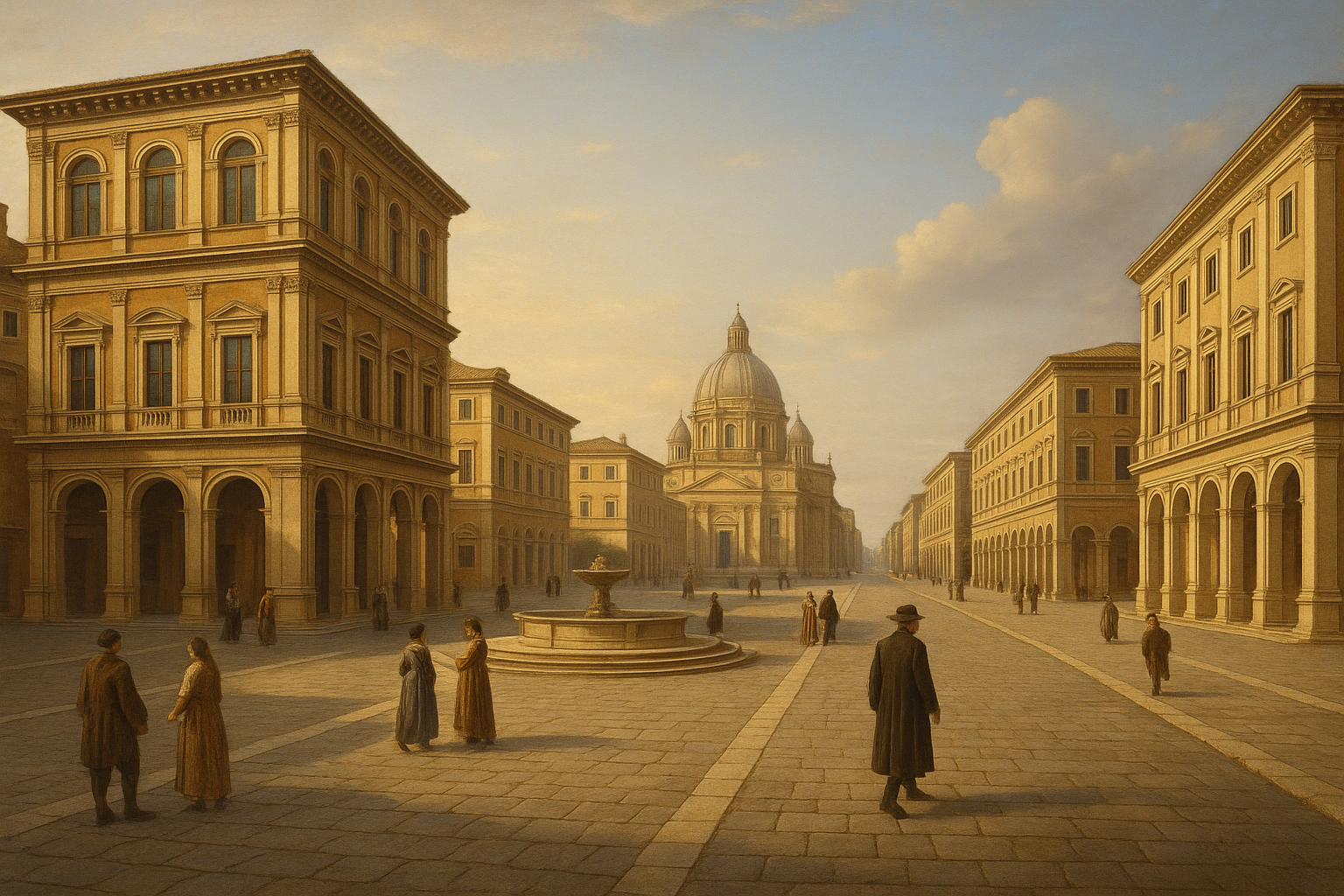 Veduta ideale di una città rinascimentale con piazza e palazzi simmetrici