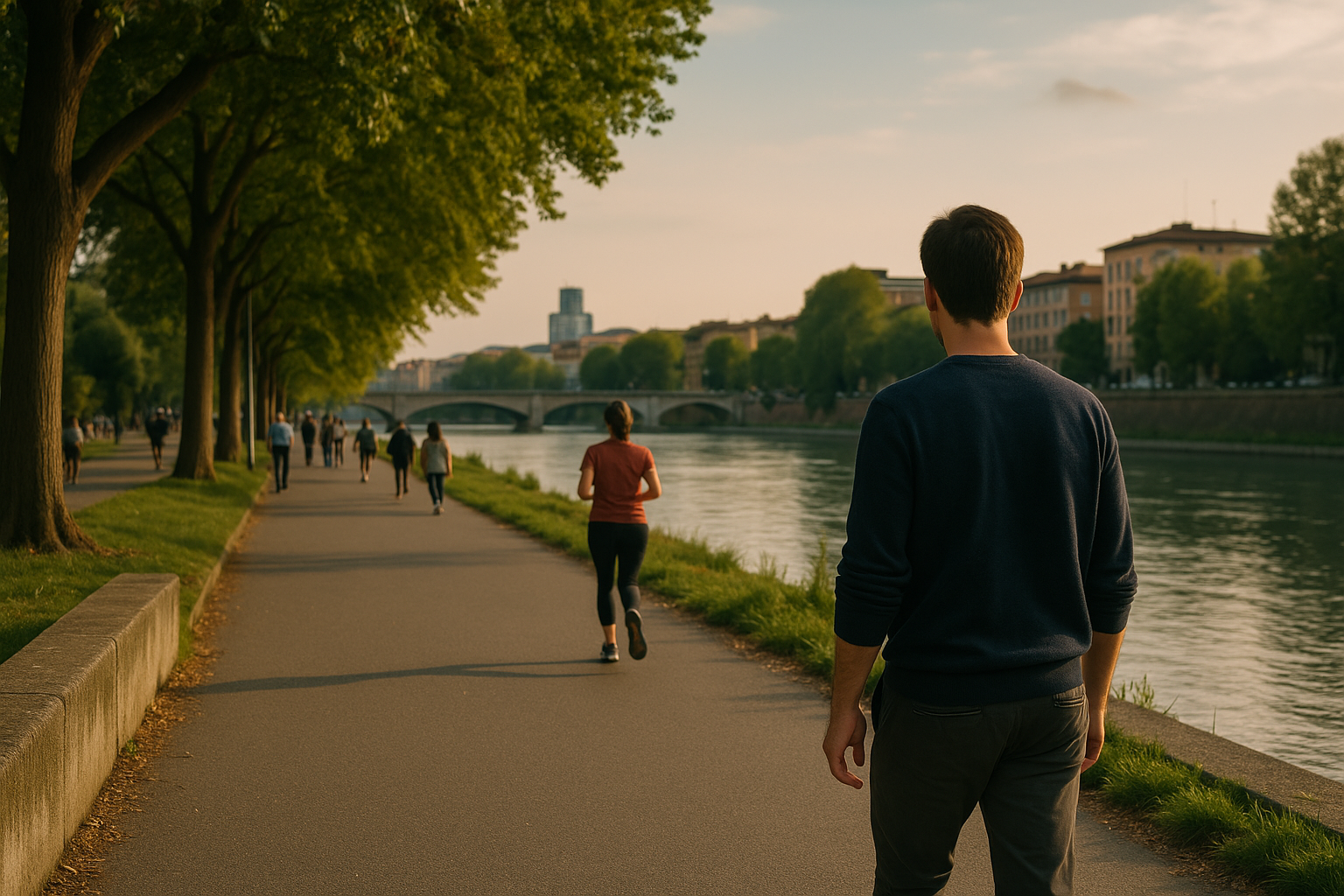 Passeggiata urbana lungo il fiume con argine alberato e ponte sullo sfondo