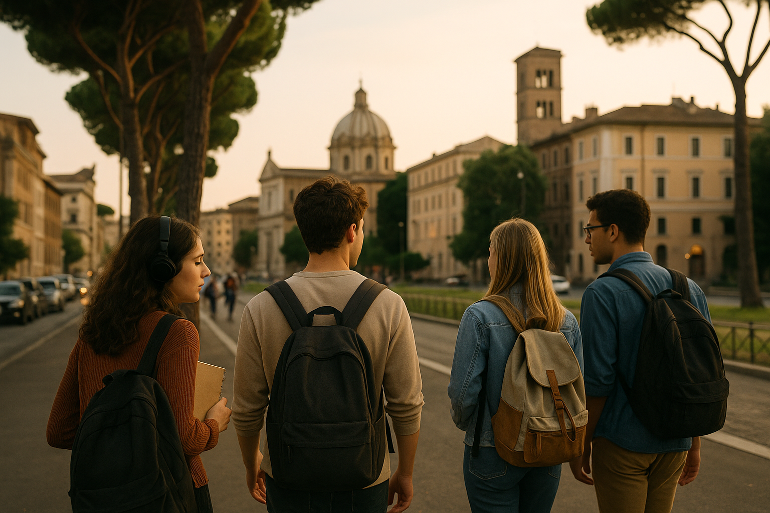 Studenti che camminano in un quartiere di Roma tra edifici storici e viali alberati
