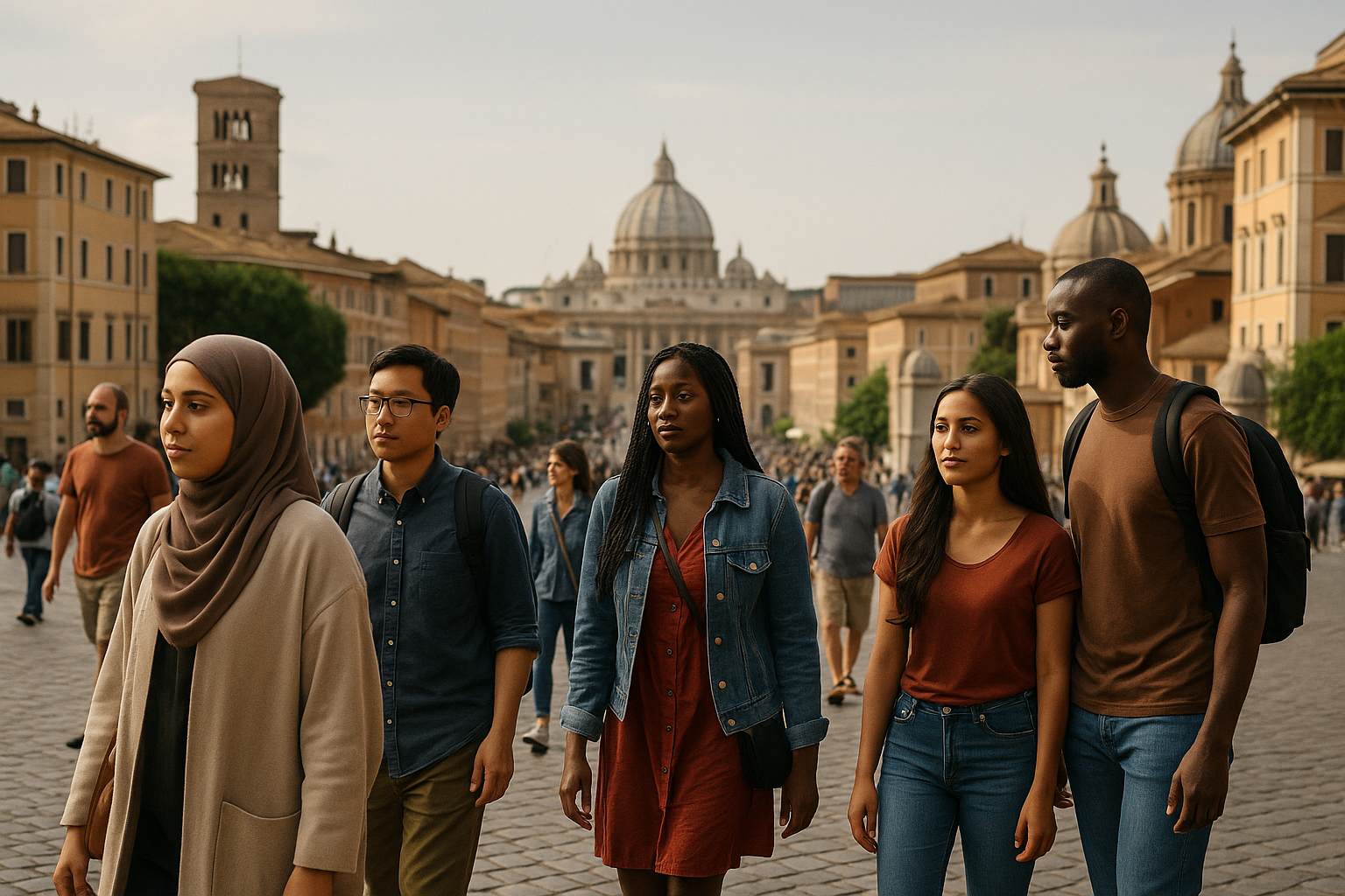 Roma in una piazza con persone di diverse origini, simbolo di multiculturalità e lingue in città