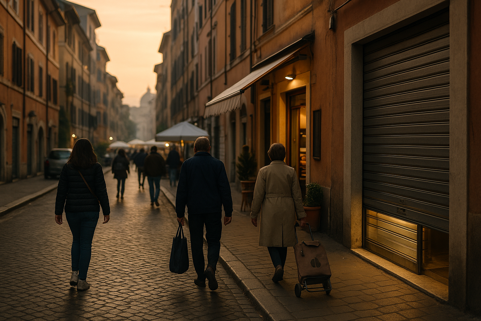 Strada di Roma all’alba con mercato rionale e bar aperto, persone in cammino verso il lavoro