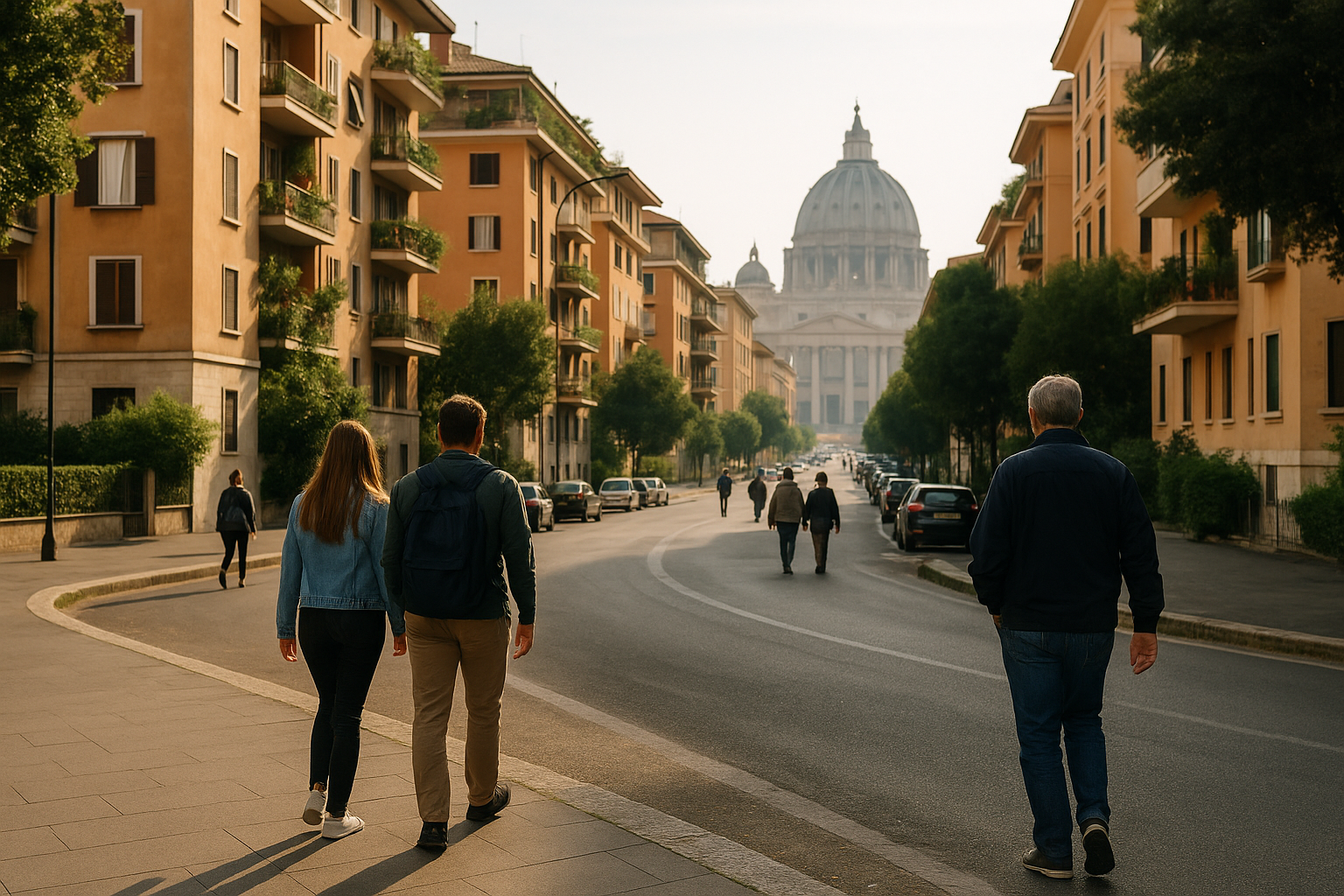Persone in passeggiata in un quartiere di Roma durante una mattina luminosa