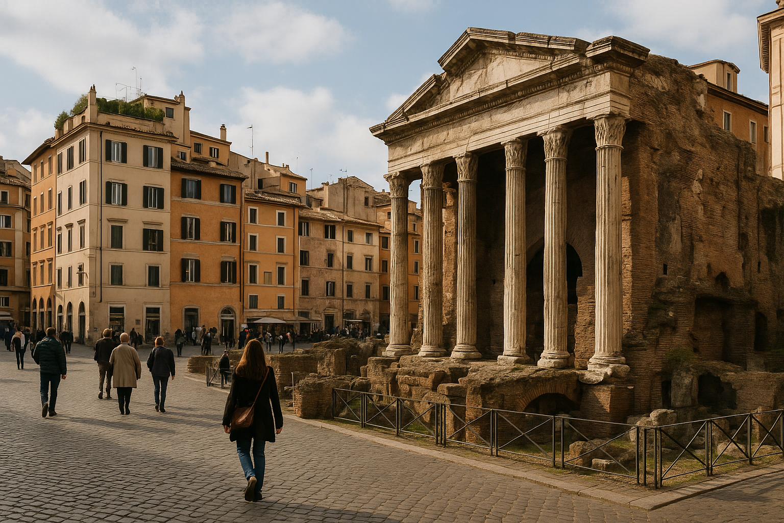 Stratificazione storica nel tessuto urbano di Roma tra rovine antiche e vita quotidiana