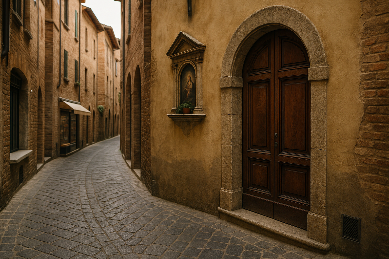 Vicolo di centro storico con portone antico e nicchia votiva sul muro
